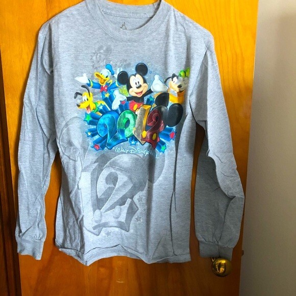 Disney Top 2012 Metallic Character Graphic Light Gray Long Sleeve Shirt Small - Picture 1 of 7